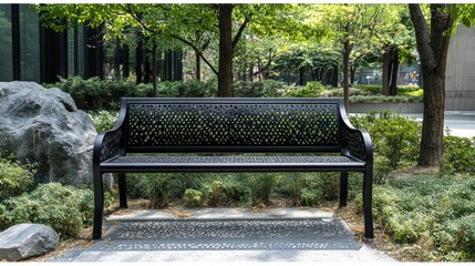 Black metal park bench in a tranquil garden setting.