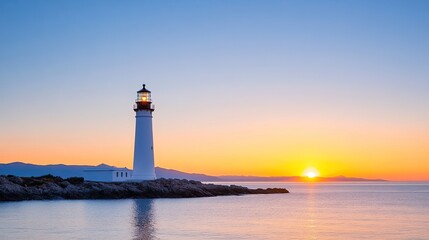 Serene lighthouse at sunset illuminating the coastline with vibrant colors and calm waters