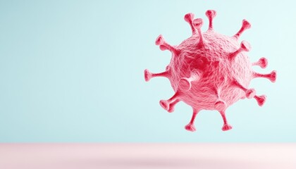 Close-up view of a pink virus model floating against a light blue background, illustrating microscopic details