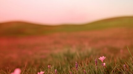 Serene landscape featuring blooming wildflowers in a vibrant field under a soft sunset glow