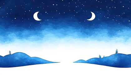 Serene night landscape with two crescent moons and a starry sky over tranquil hills and water