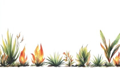Vibrant illustration of diverse plants with fiery accents, set against a clean white background
