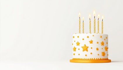 A festive birthday cake adorned with stars and candles, set against a minimalist background
