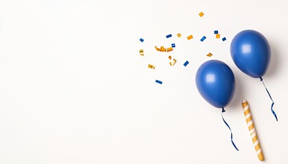 Two blue balloons and a party horn on a white background with colorful confetti scattered