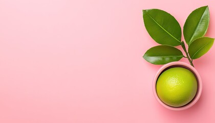 Fresh green lime resting in a pink bowl with leaves on a pastel pink background
