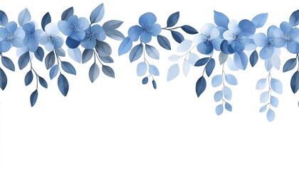 Elegant blue floral border design featuring various shades of blue flowers and leaves, suitable for invitations