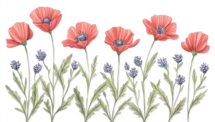 Fototapeta premium Vibrant illustration of red poppies and lavender flowers arranged harmoniously on a clean background