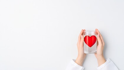 Hands holding a glass with a heart shape, symbolizing love and care in a minimalist setting