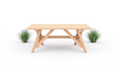 Wooden picnic table surrounded by green grass in a minimalist outdoor setting, ideal for gatherings