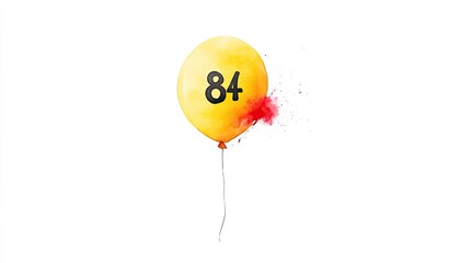 Yellow balloon with the number 84 exploding, colorful splashes against a white background