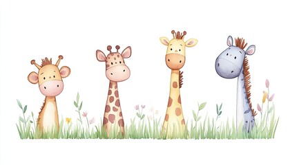 Playful cartoon giraffes and a zebra standing in a vibrant meadow with flowers
