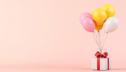 Colorful balloons tied to a gift box on a soft pink background, perfect for celebrations