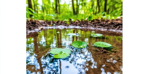 Forest puddle reflection, green leaves, nature background. Website use