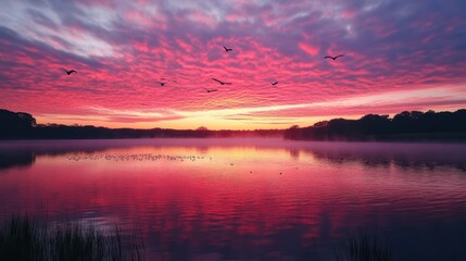 Serene Sunset Over Still Lake with Birds in Flight