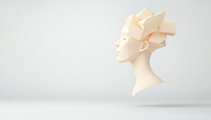 Abstract sculpture of a human head with geometric shapes, set against a minimalist background