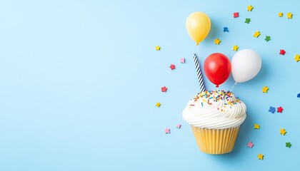 Colorful birthday cupcake with balloons and confetti on a light blue background, festive celebration