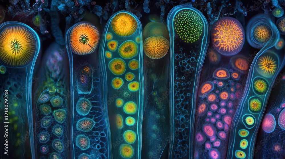 Poster microscopic view of vibrant, colorful cells in a row, exhibiting intricate internal structures and d