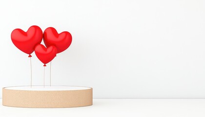 Three red heart-shaped balloons on a minimalist platform against a white background, evoking love