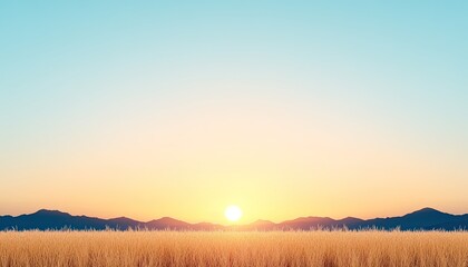 Serene sunrise over golden wheat fields with distant mountains and clear blue sky