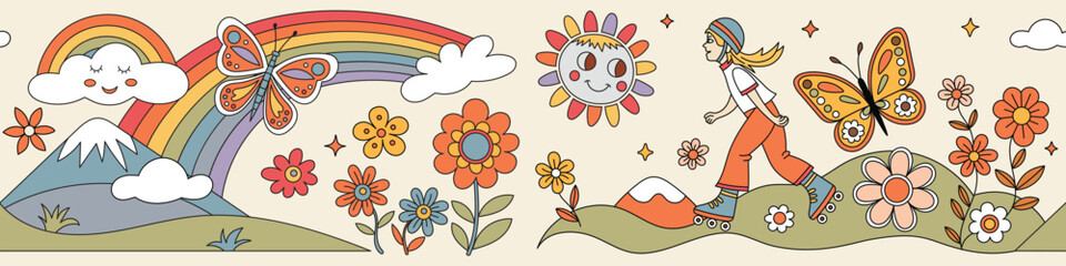 Vector drawing of spring landscape, flowering meadow, sun and rainbow, roller skate girl, multicolor cartoon, children's drawing, seamless border