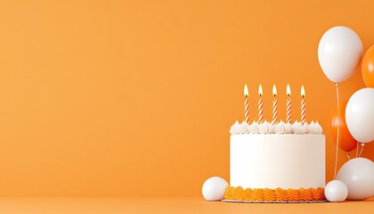 A festive birthday cake with candles surrounded by white and orange balloons on a vibrant backdrop