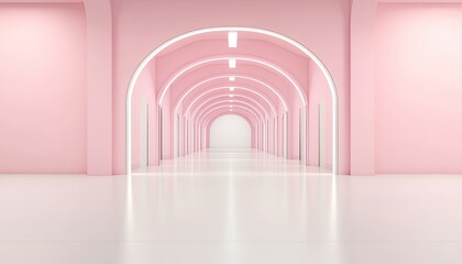 Serene pink corridor with arches and soft lighting, creating a calm atmosphere for relaxation