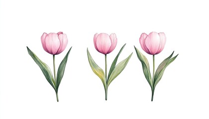 Three delicate pink tulips with green leaves arranged in a symmetrical pattern on a white background