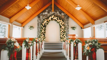 Wedding ceremony setup in a rustic wooden chapel with stone fireplace, floral decorations, and aisle runner