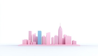 Minimalist pink city skyline model showcasing various building shapes against a white backdrop