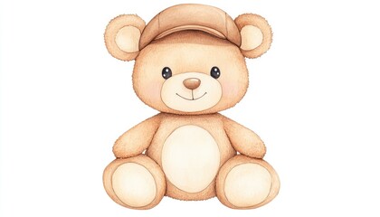 Fototapeta premium Cute cartoon teddy bear wearing a cap, sitting cheerfully against a plain background