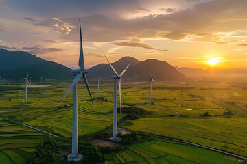 Renewable energy meets agriculture as wind turbines stand tall over rice paddies at sunset