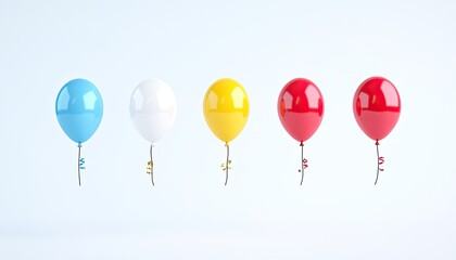 Colorful balloons in a minimalist setting, floating against a light background, creating a festive atmosphere