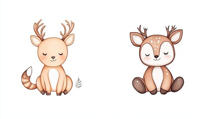 Two cute cartoon deer, one sitting with closed eyes and the other with a joyful expression, on a white background