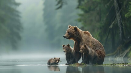 Fototapeta premium A Grizzly Family Fishing Together by the Serene River Amidst Misty Forested Backdrops