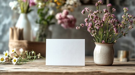 Mockup of Blank white paper card on table decorated with various flowers