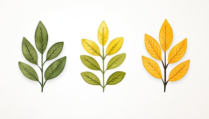 Three sets of leaves in varying shades of green and yellow arranged on a white background