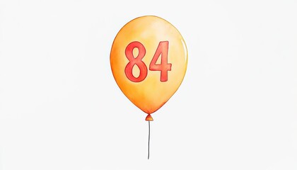 Colorful orange balloon with the number 84, floating against a plain white background