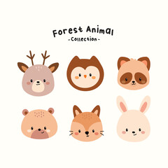 Hand Drawn Cute Forest Animal Faces Collection