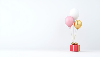 Colorful balloons floating above a red gift box on a minimalist white background, ideal for celebrations