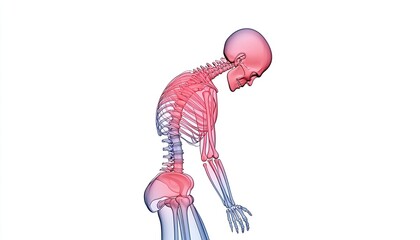 Anatomical illustration of a human skeleton in a forward-bending posture on a white background