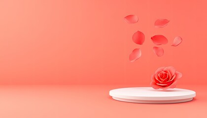 A delicate rose with floating petals on a minimalistic coral background, ideal for beauty themes