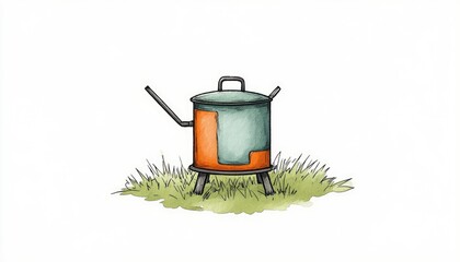 A whimsical illustration of a colorful pot on a grassy field, surrounded by a serene natural backdrop