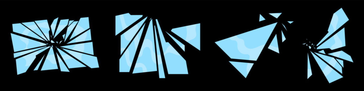 Broken glass icons in flat style. Vector illustration isolated on black background.