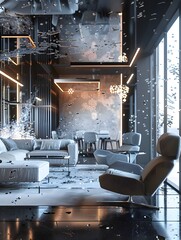 Fototapeta premium Illustration of An ultra-modern living room with sleek furniture, partially disintegrating into digital particles, blending luxury with chaos. Ai Generate. 