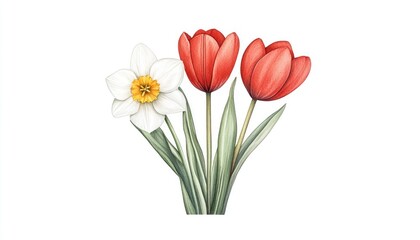 Beautifully illustrated bouquet of red tulips and white daffodil with green leaves on white background
