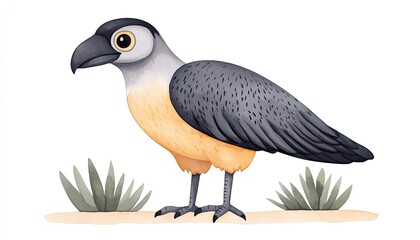 Colorful illustration of a vulture standing on the ground among desert plants, showcasing its features