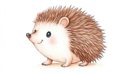 Cute cartoon hedgehog with spiky fur, smiling happily in a whimsical forest setting
