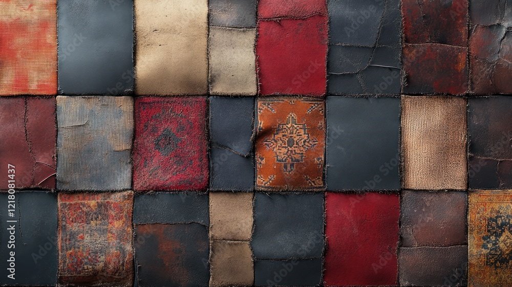 Poster worn patchwork textile background with various colors and textures.