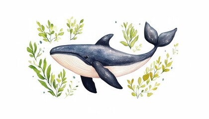 A serene watercolor illustration of a whale swimming amidst vibrant green seaweed and bubbles