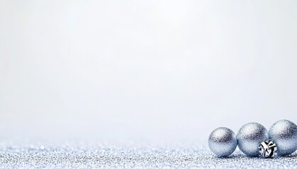 Silver decorative balls on a shimmering surface with a soft-focus background, ideal for festive themes